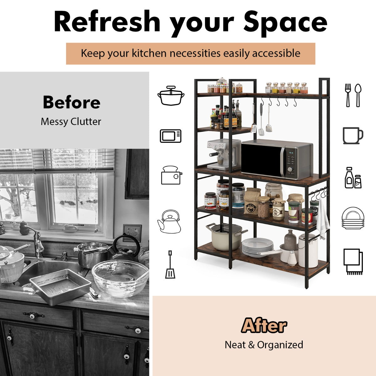 Waterproof surfaces make the rustic kitchen rack easy to clean and maintain after cooking activities