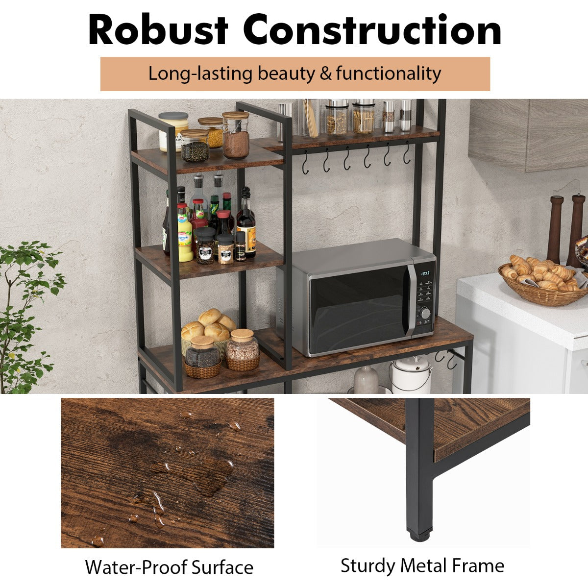 Rustic brown industrial design blends with kitchens, dining rooms, living spaces, and home offices