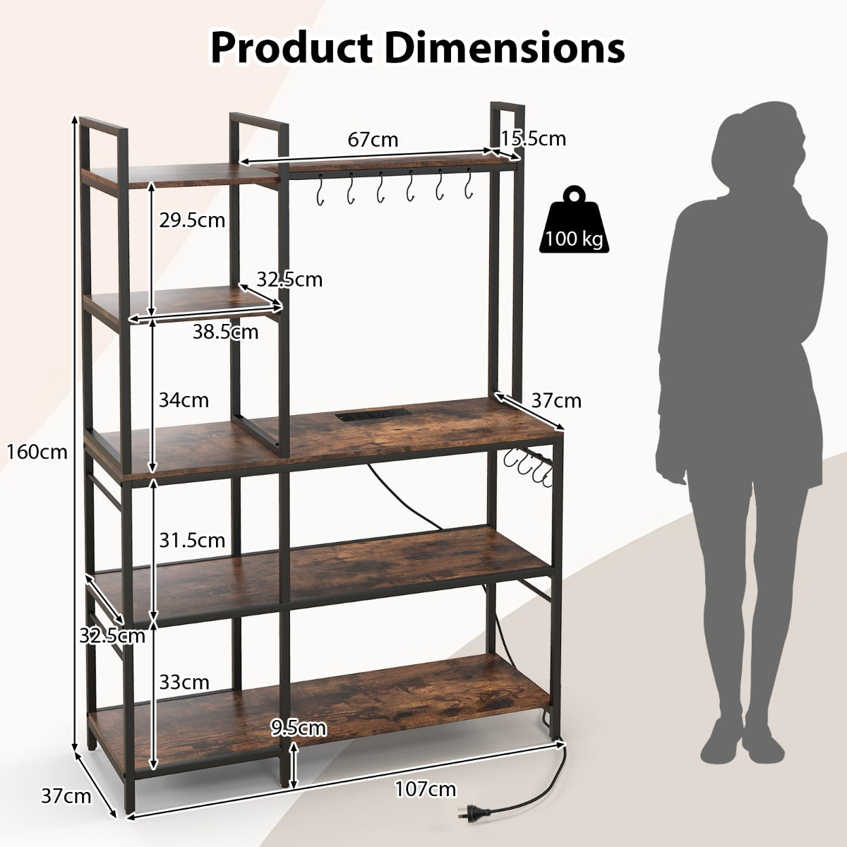 Five-tier bakers rack keeps kitchen supplies, spices, dishes, and cookbooks organized and accessible