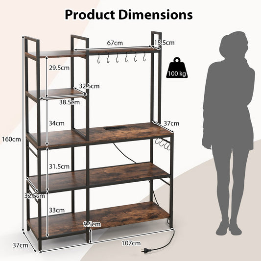 Five-tier bakers rack keeps kitchen supplies, spices, dishes, and cookbooks organized and accessible