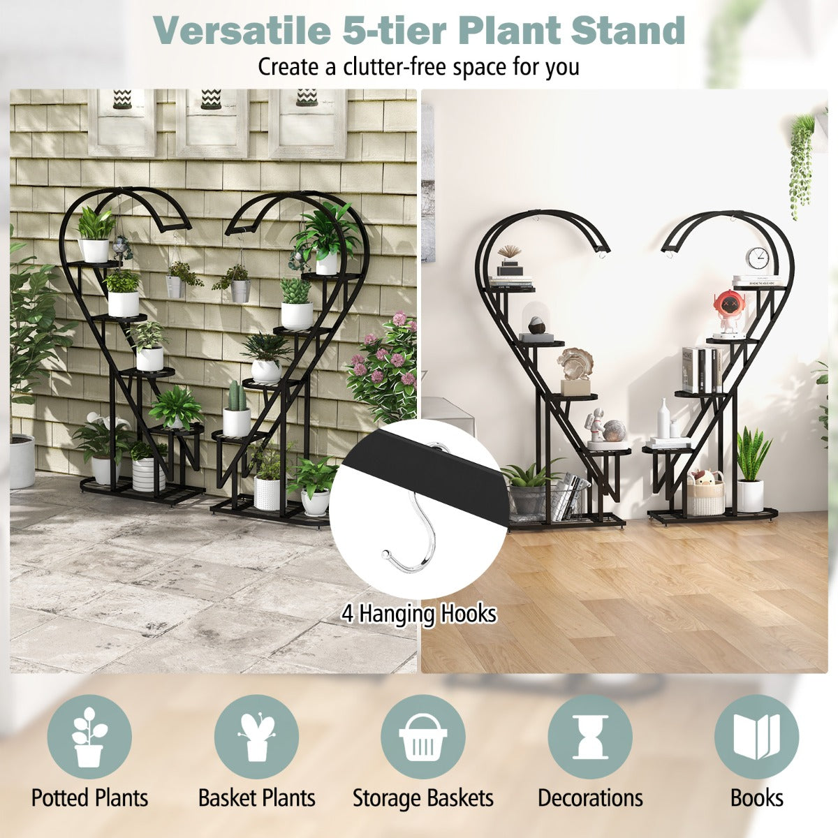 5 Tier Metal Plant Stand with Hanging Hook-Black