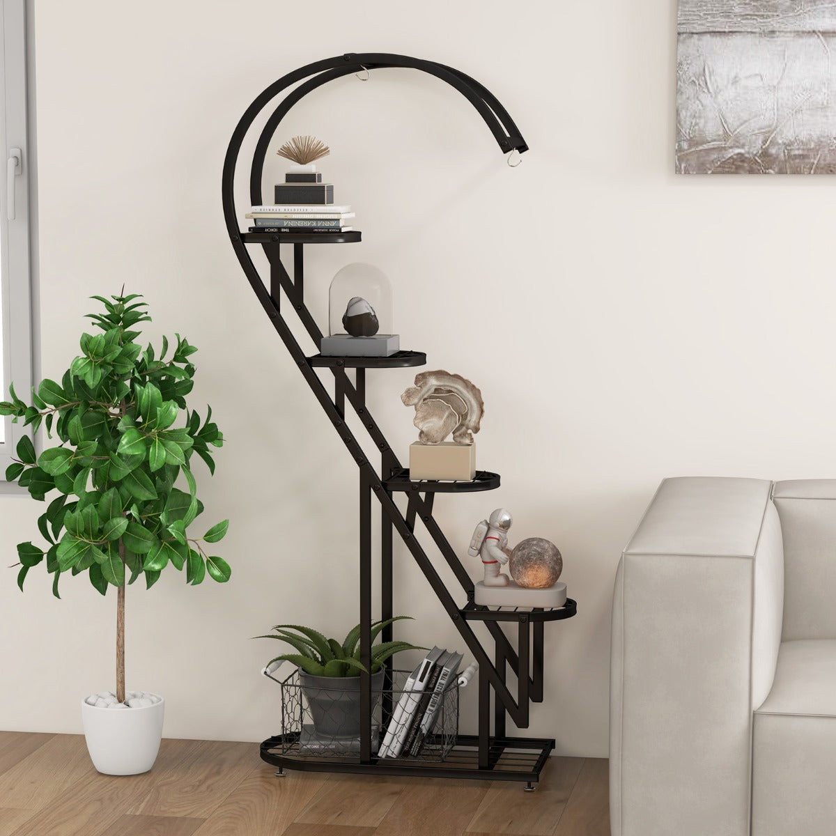 5 Tier Metal Plant Stand with Hanging Hook-Black