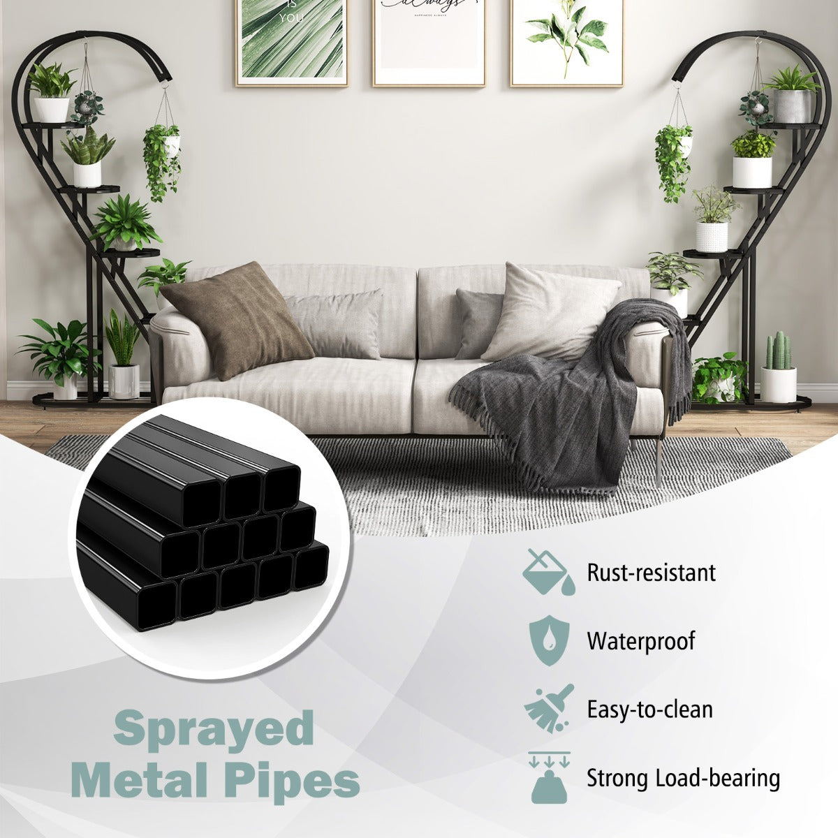 5 Tier Metal Plant Stand with Hanging Hook-Black