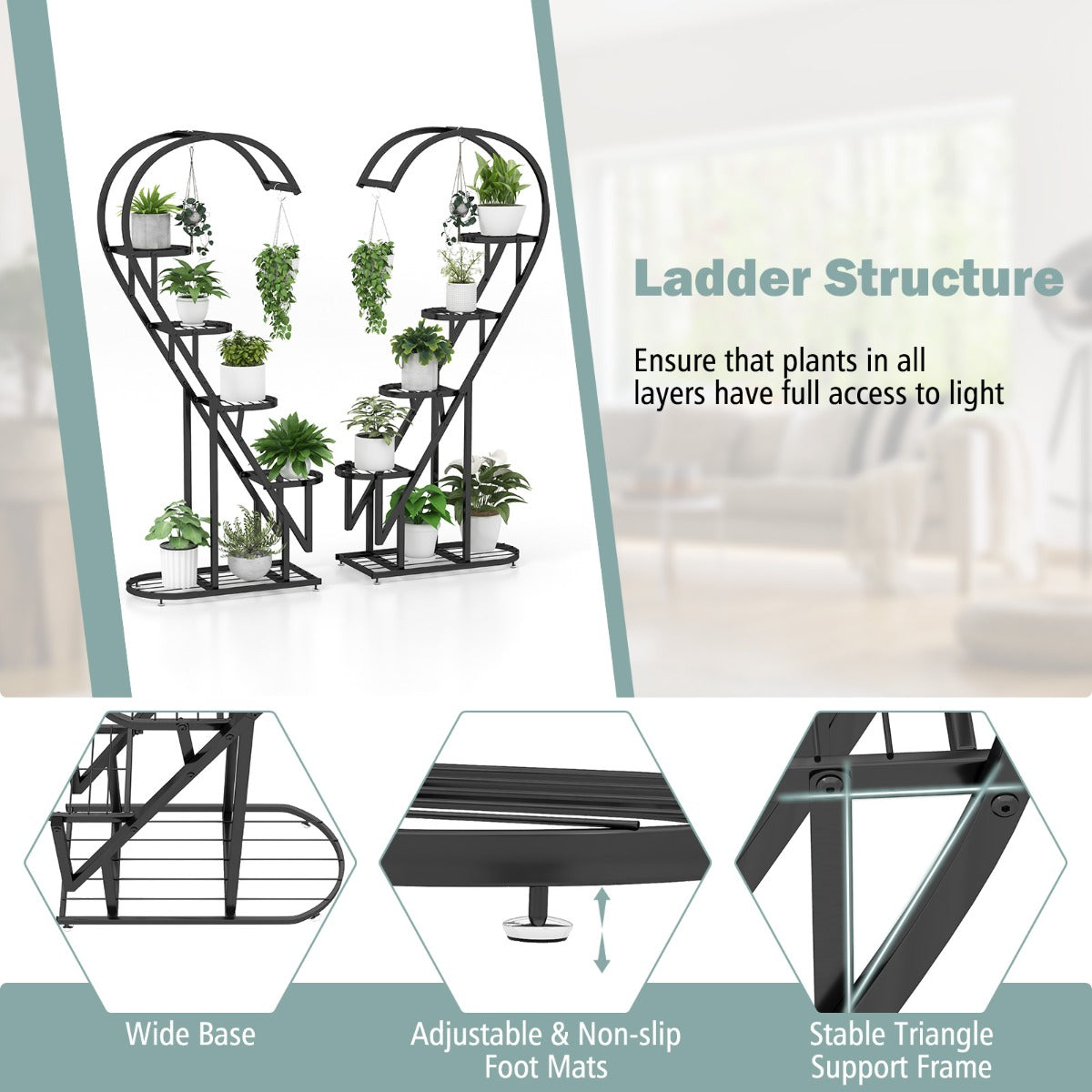 5 Tier Metal Plant Stand with Hanging Hook-Black