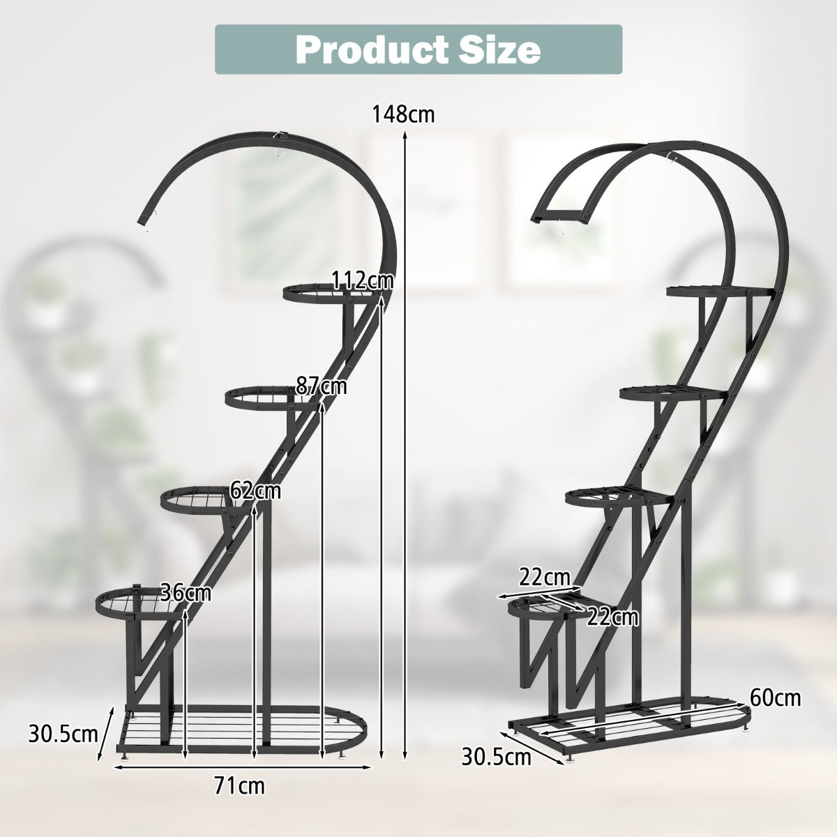 5 Tier Metal Plant Stand with Hanging Hook-Black