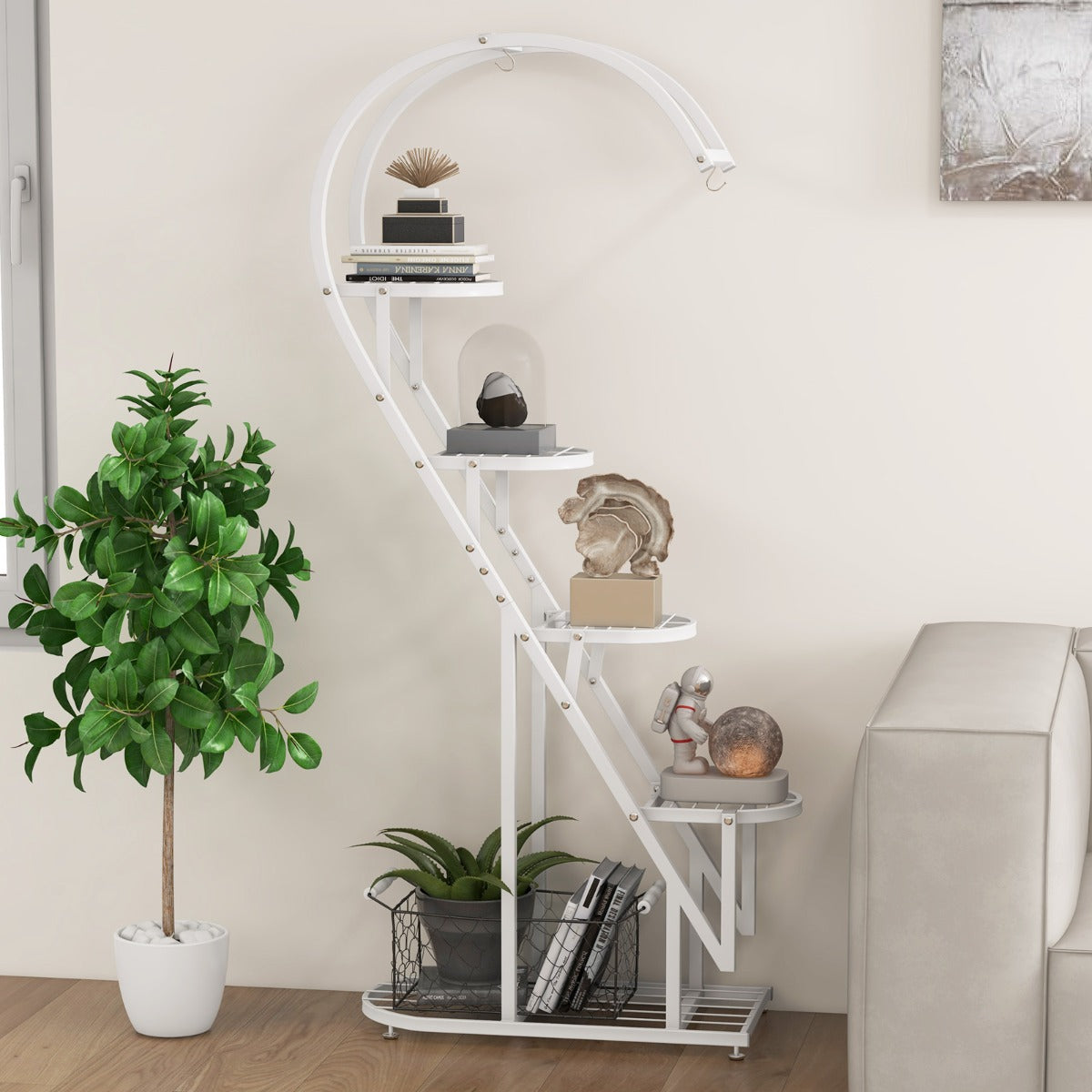 5 Tier Metal Plant Stand with Hanging Hook-White