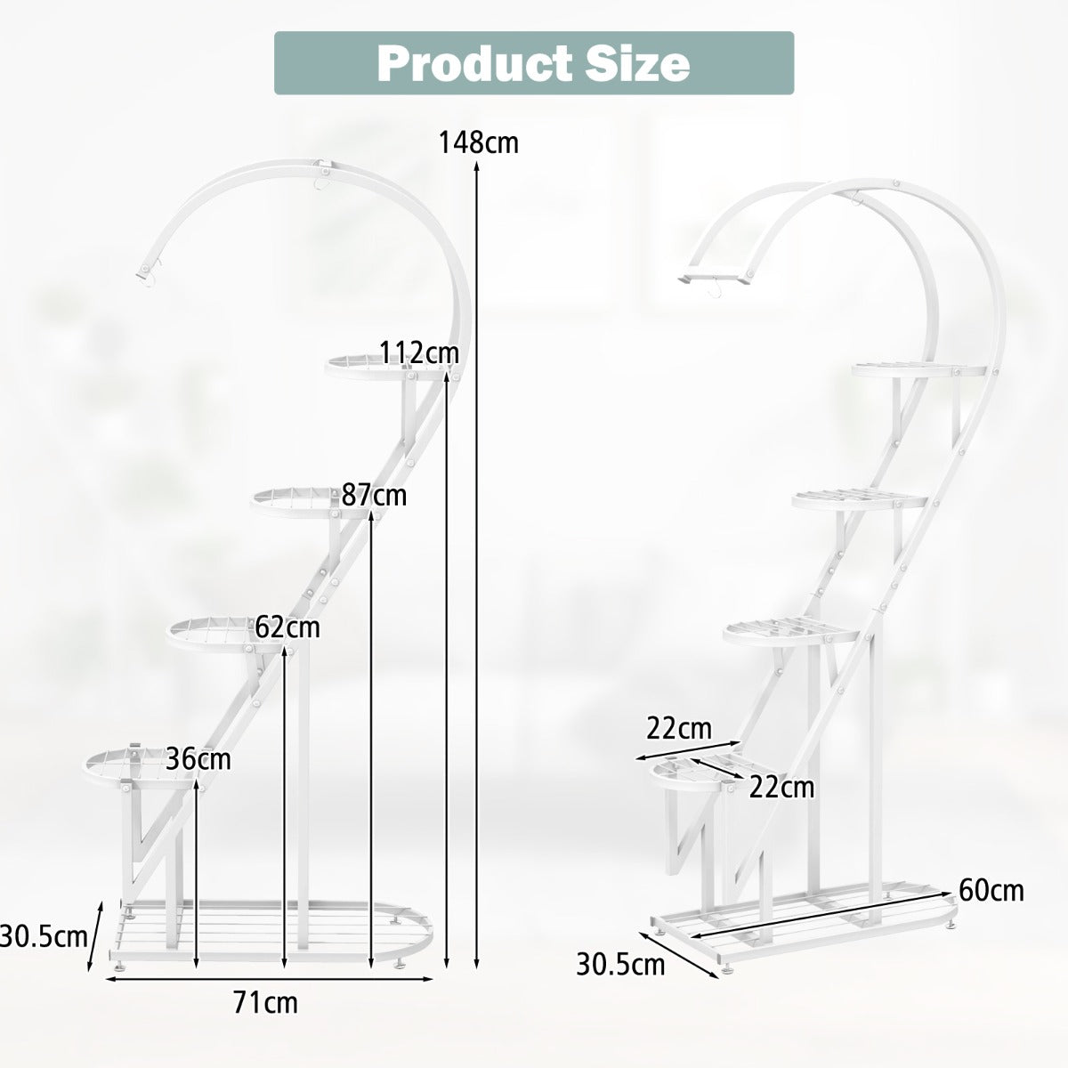 5 Tier Metal Plant Stand with Hanging Hook-White