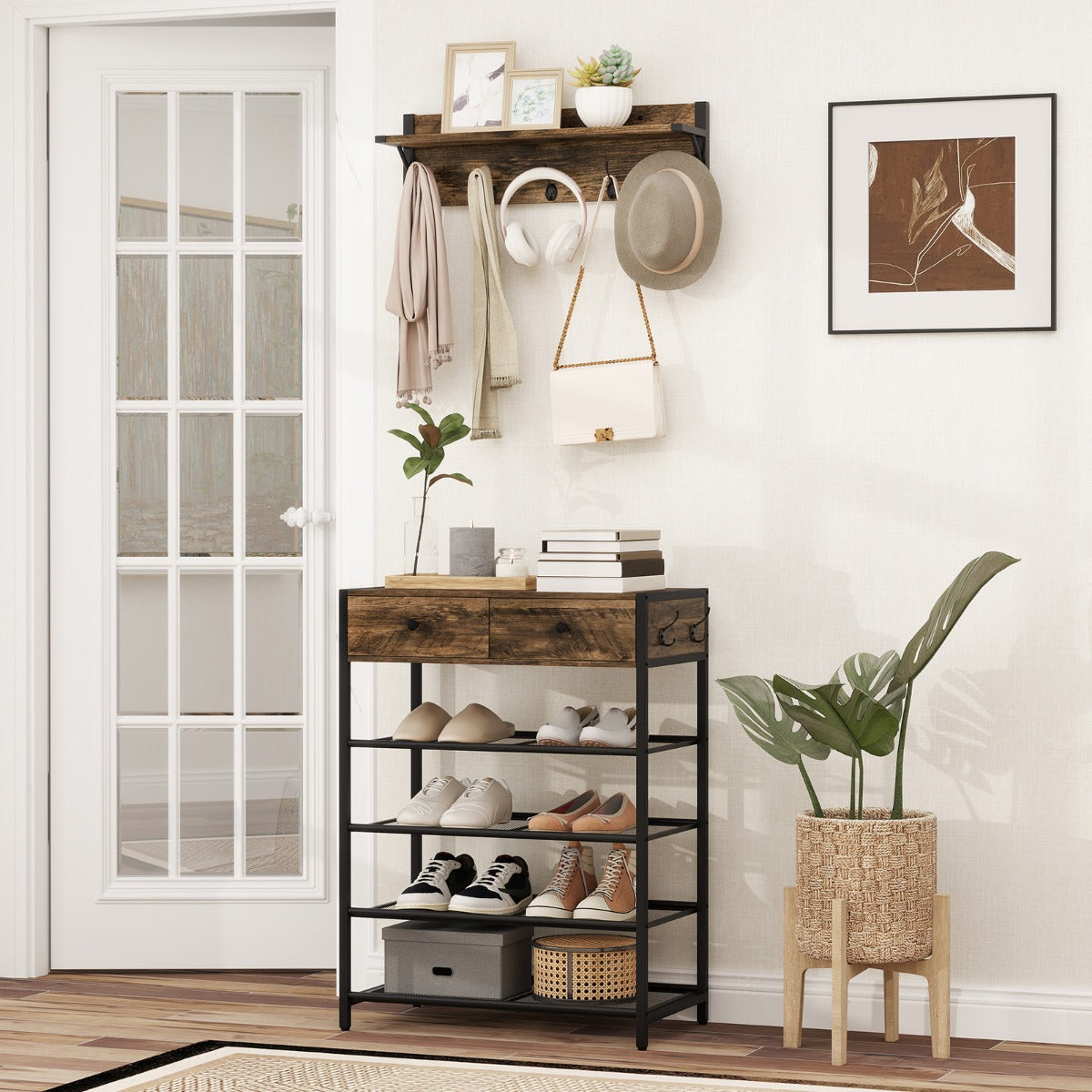 5-Tier Shoe Rack with Wall-Mounted Coat Rack and Hooks-Rustic Brown