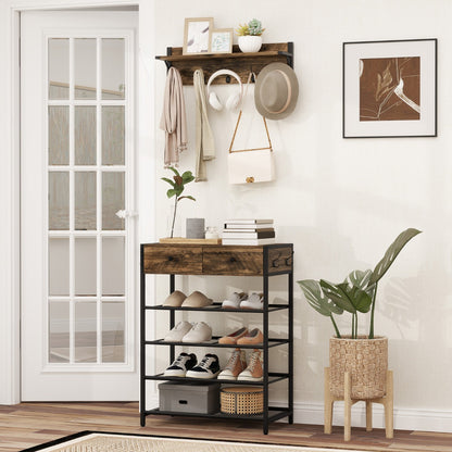 5-Tier Shoe Rack with Wall-Mounted Coat Rack and Hooks-Rustic Brown