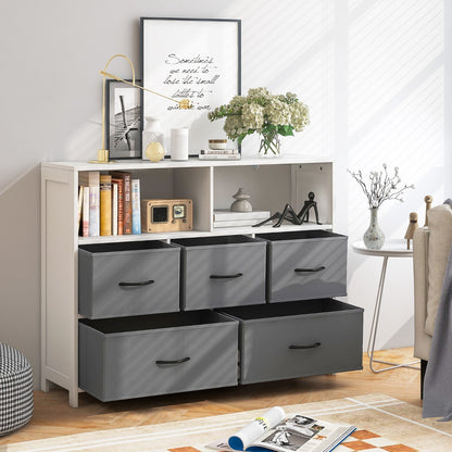 5-Drawer Dresser with 2 Large Fabric Bins and 3 Medium Bins-White