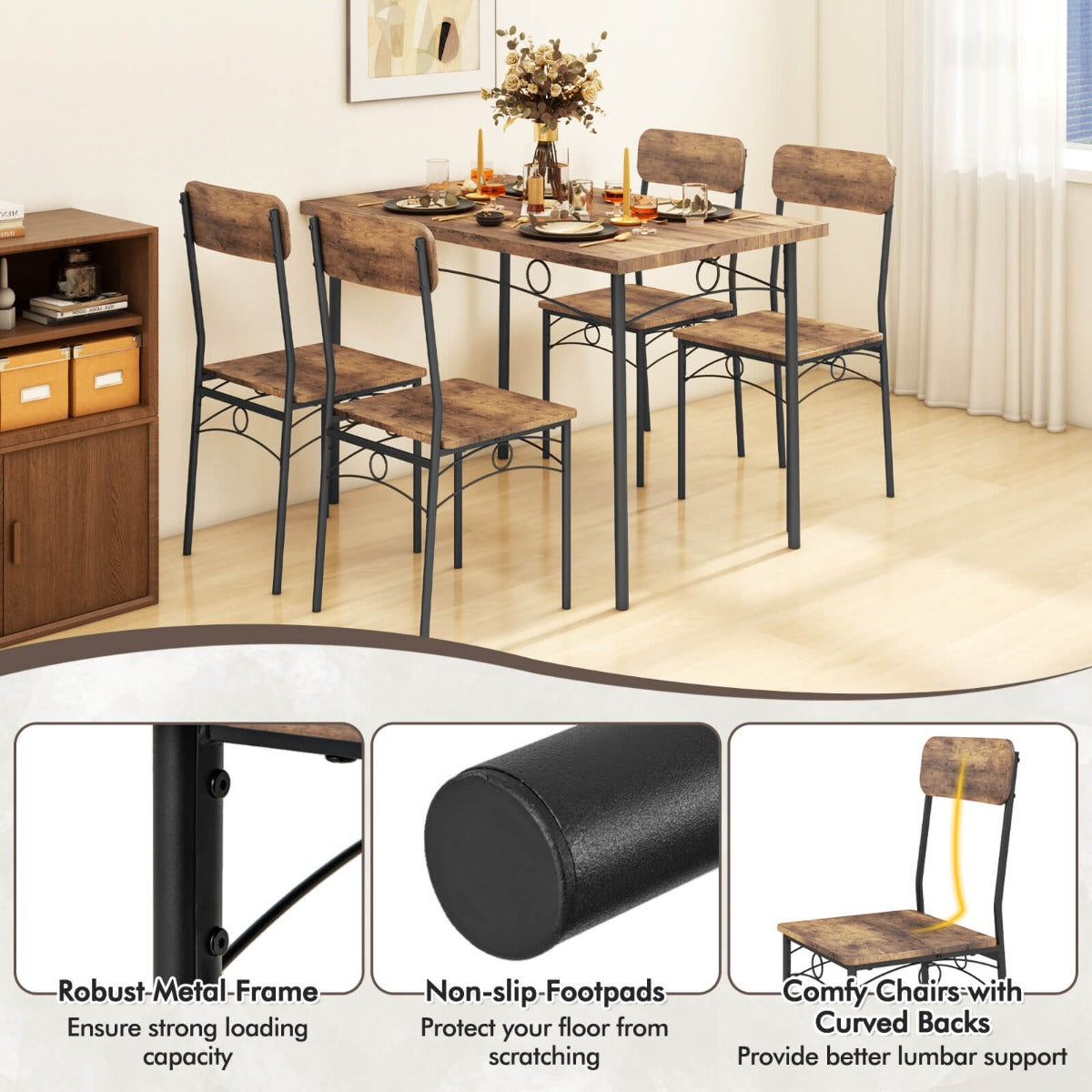 5-Piece Dining Table Set for 4 with Metal Frame and Wood Rectangular Table-Coffee