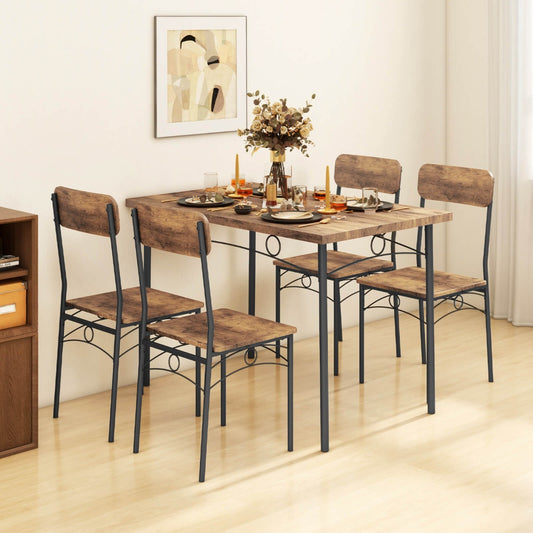 5-Piece Dining Table Set for 4 with Metal Frame and Wood Rectangular Table-Coffee