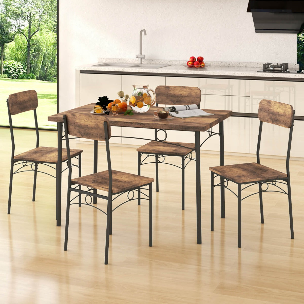 5-Piece Dining Table Set for 4 with Metal Frame and Wood Rectangular Table-Coffee