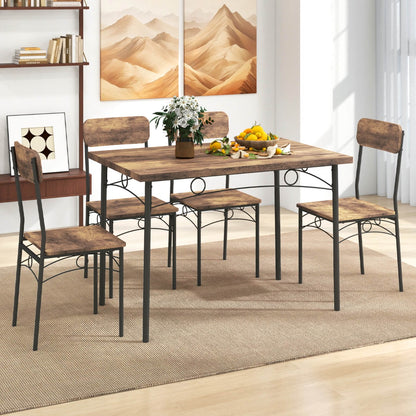 5-Piece Dining Table Set for 4 with Metal Frame and Wood Rectangular Table-Coffee