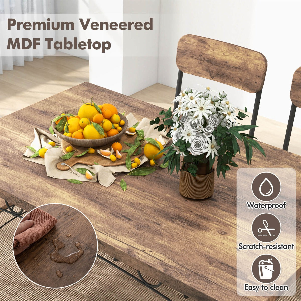 5-Piece Dining Table Set for 4 with Metal Frame and Wood Rectangular Table-Coffee