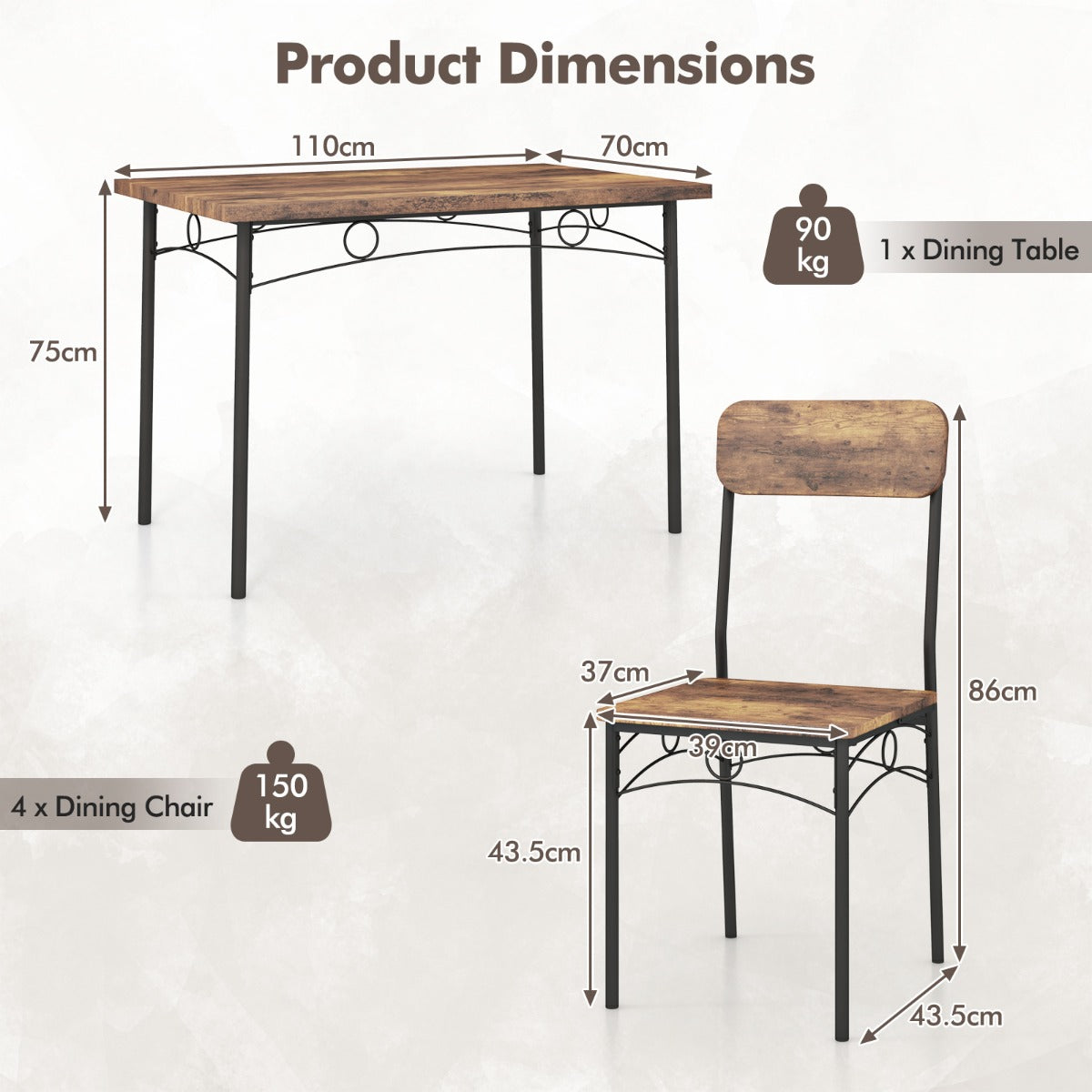 5-Piece Dining Table Set for 4 with Metal Frame and Wood Rectangular Table-Coffee