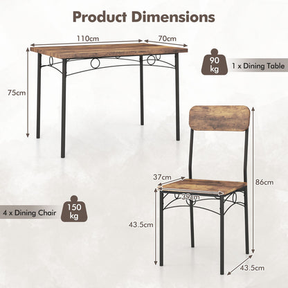 5-Piece Dining Table Set for 4 with Metal Frame and Wood Rectangular Table-Coffee