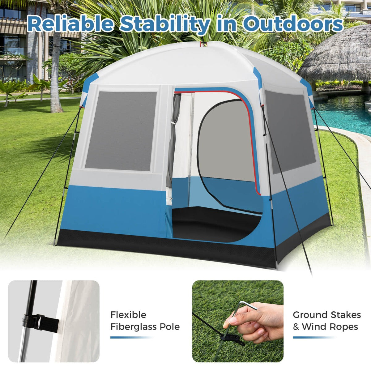 Costway 5 Person Camping Tent Waterproof with Mesh Door and Carrying Bag-Blue & White