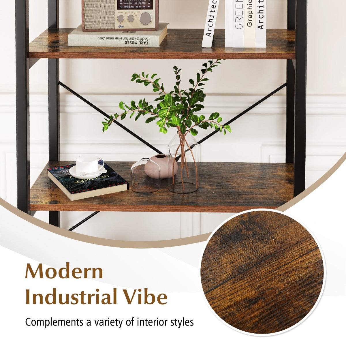 5-Tier Bookshelf Bookcase with Metal Frame and Dual Anti-Tipping Kits-Rustic Brown