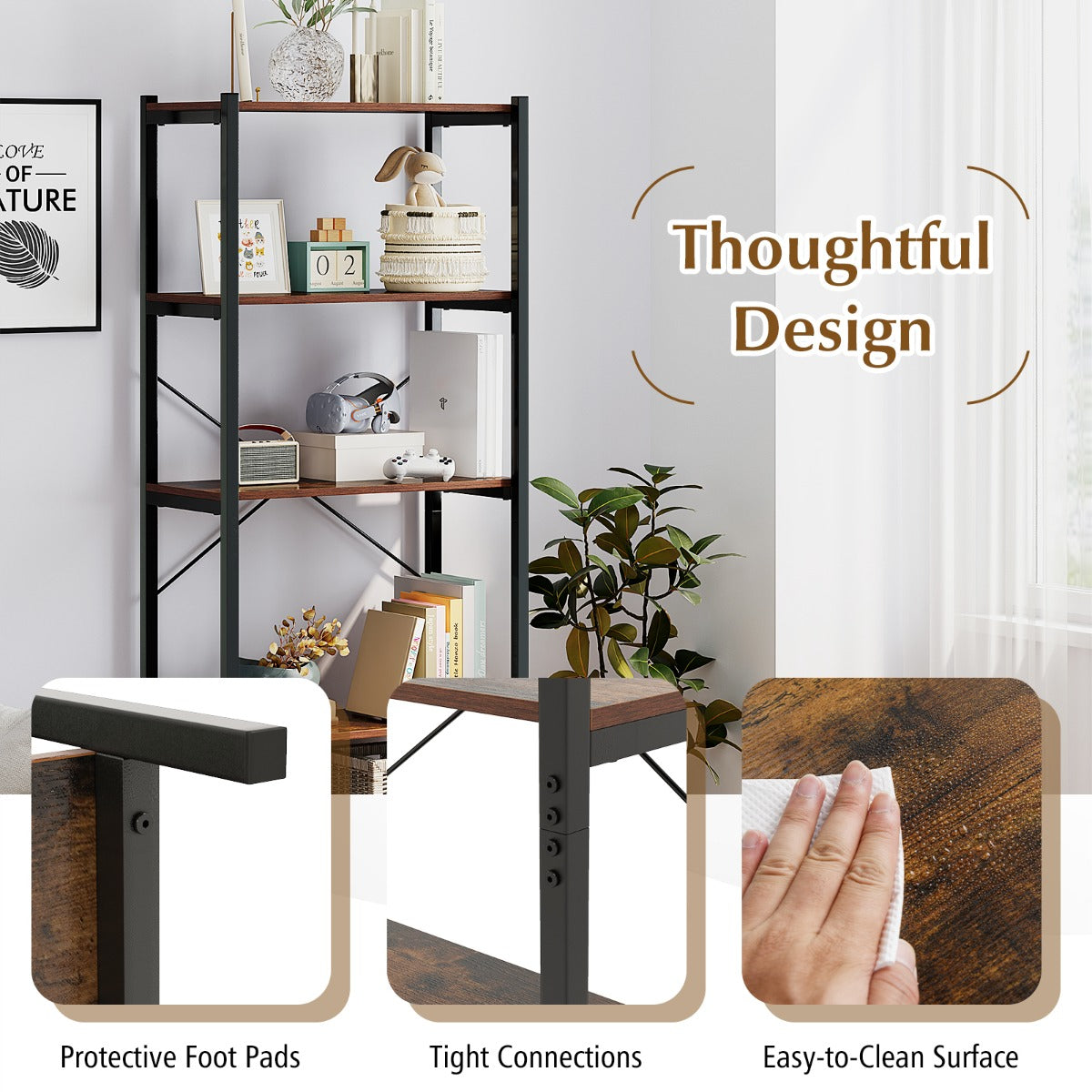 5-Tier Bookshelf Bookcase with Metal Frame and Dual Anti-Tipping Kits-Rustic Brown