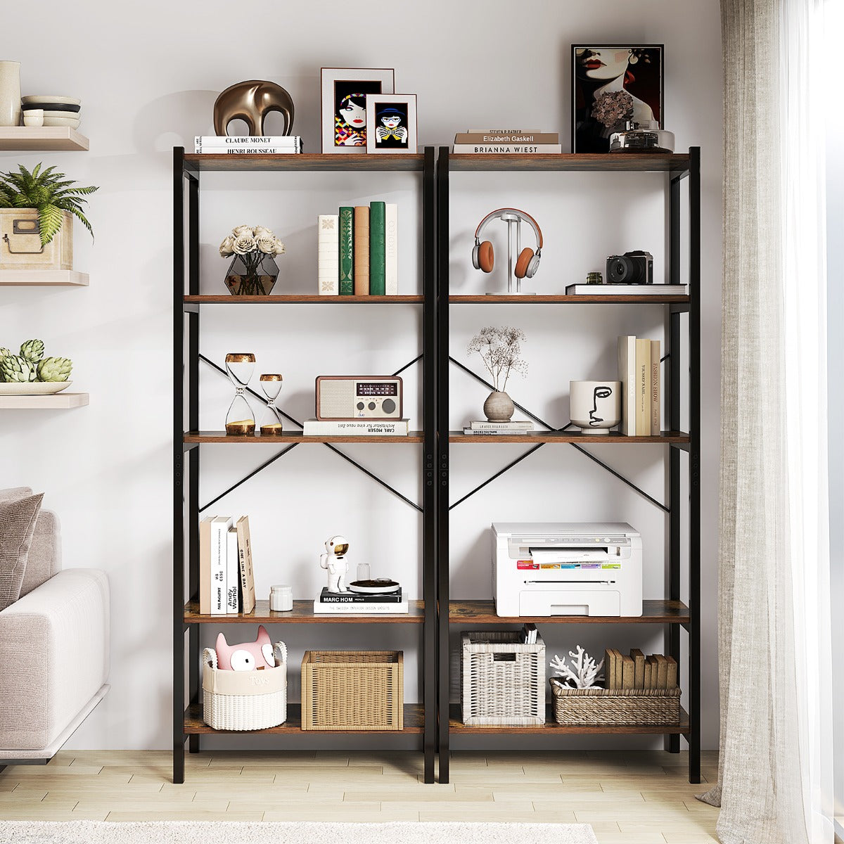 5-Tier Bookshelf Bookcase with Metal Frame and Dual Anti-Tipping Kits-Rustic Brown