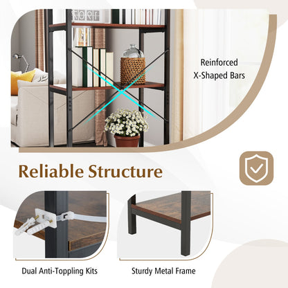 5-Tier Bookshelf Bookcase with Metal Frame and Dual Anti-Tipping Kits-Rustic Brown