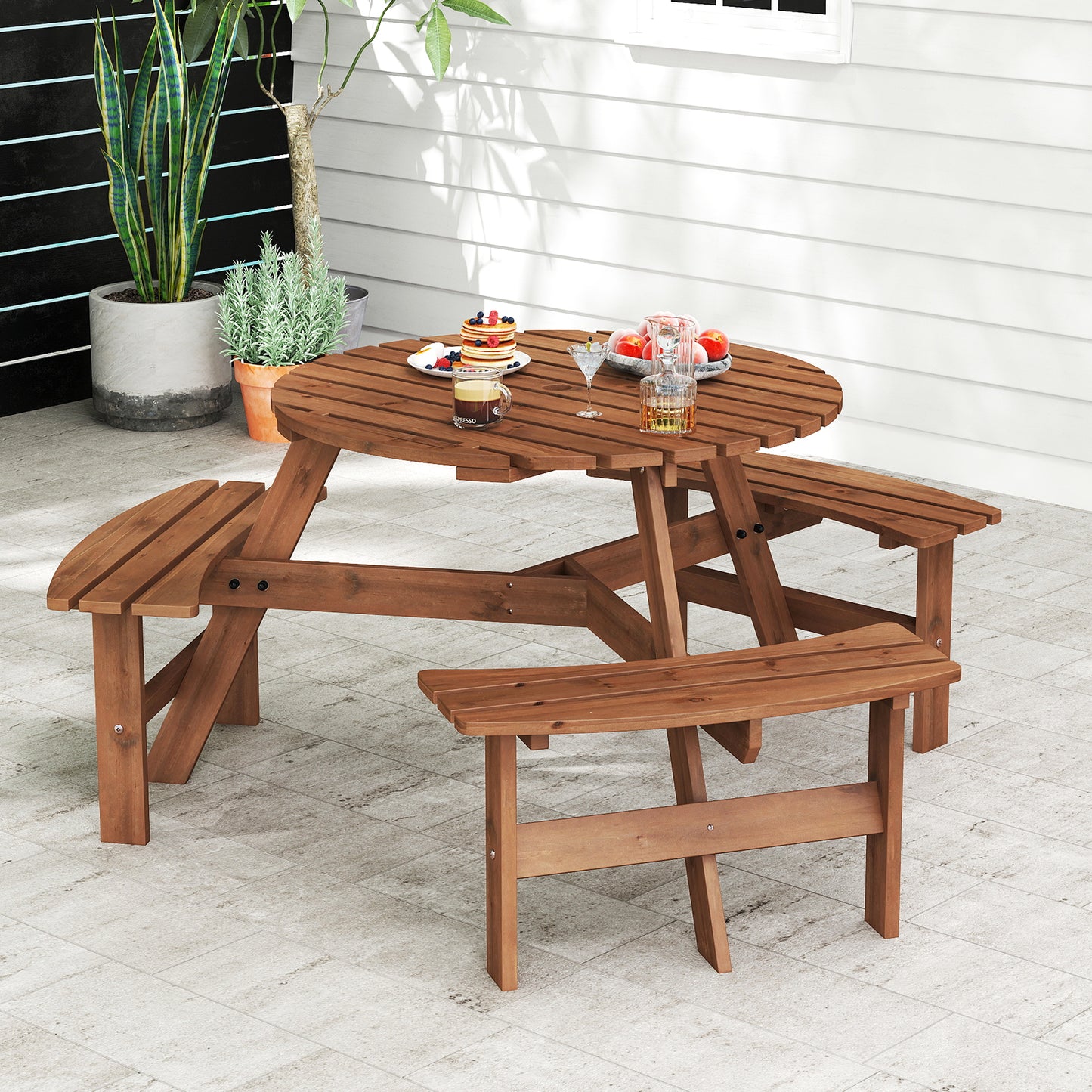 6-Person Round Picnic Table Set with 5 cm Umbrella Hole-Brown