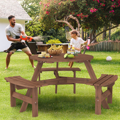 6-Person Round Picnic Table Set with 5 cm Umbrella Hole-Brown
