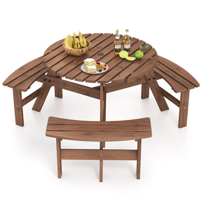6-Person Round Picnic Table Set with 5 cm Umbrella Hole-Brown