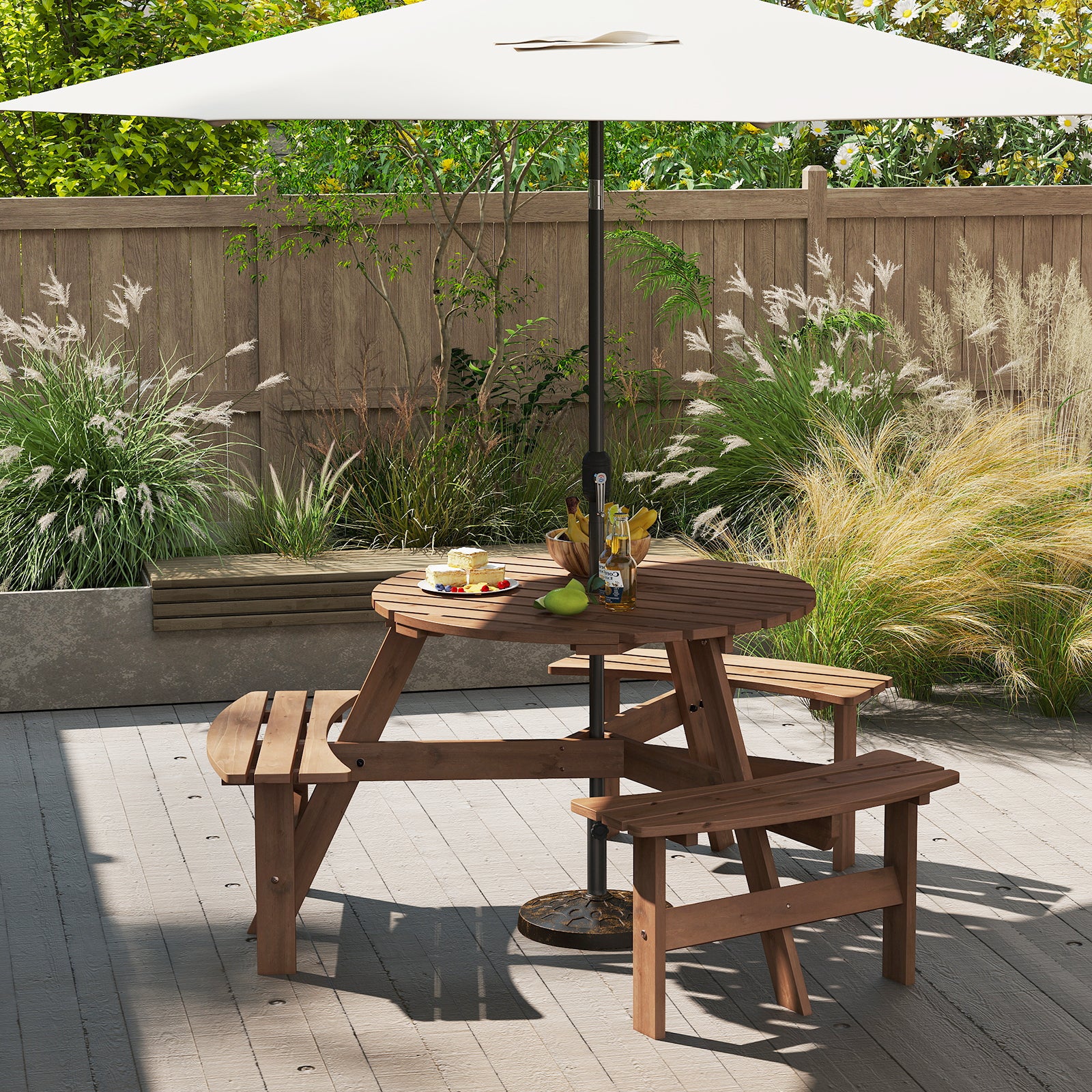 6-Person Round Picnic Table Set with 5 cm Umbrella Hole-Brown