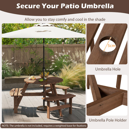 6-Person Round Picnic Table Set with 5 cm Umbrella Hole-Brown