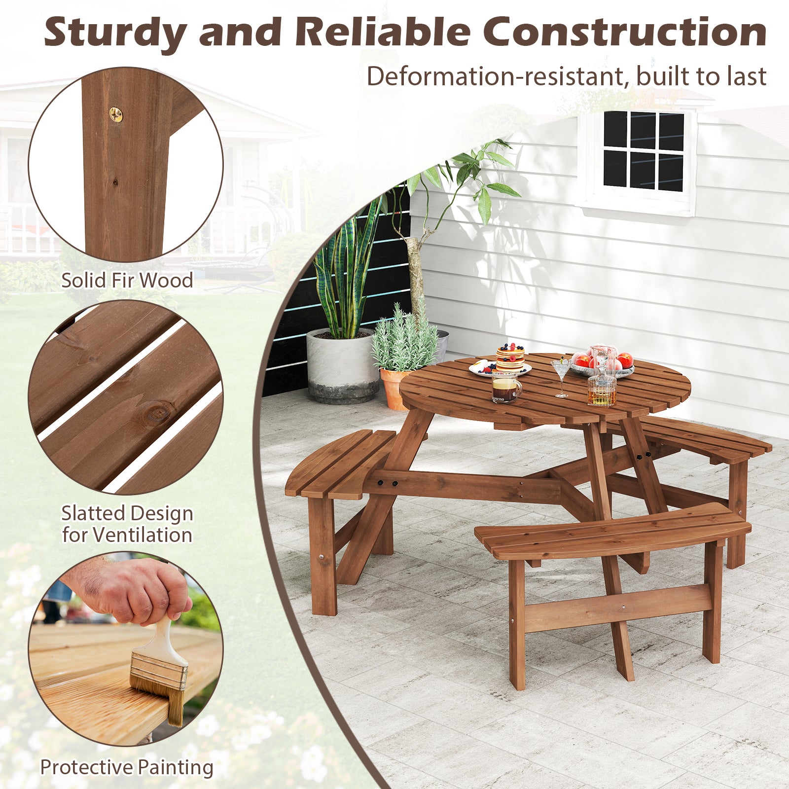 6-Person Round Picnic Table Set with 5 cm Umbrella Hole-Brown