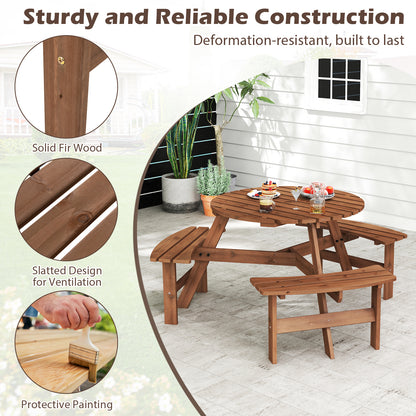 6-Person Round Picnic Table Set with 5 cm Umbrella Hole-Brown