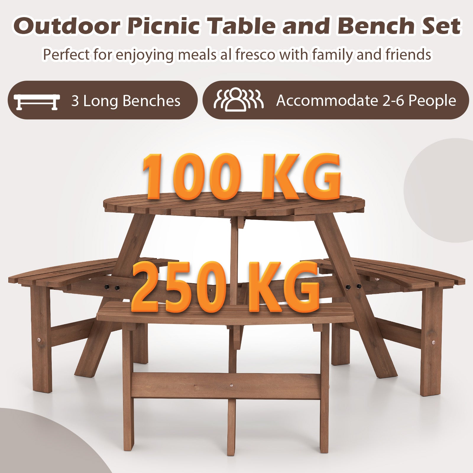 6-Person Round Picnic Table Set with 5 cm Umbrella Hole-Brown