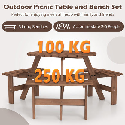 6-Person Round Picnic Table Set with 5 cm Umbrella Hole-Brown