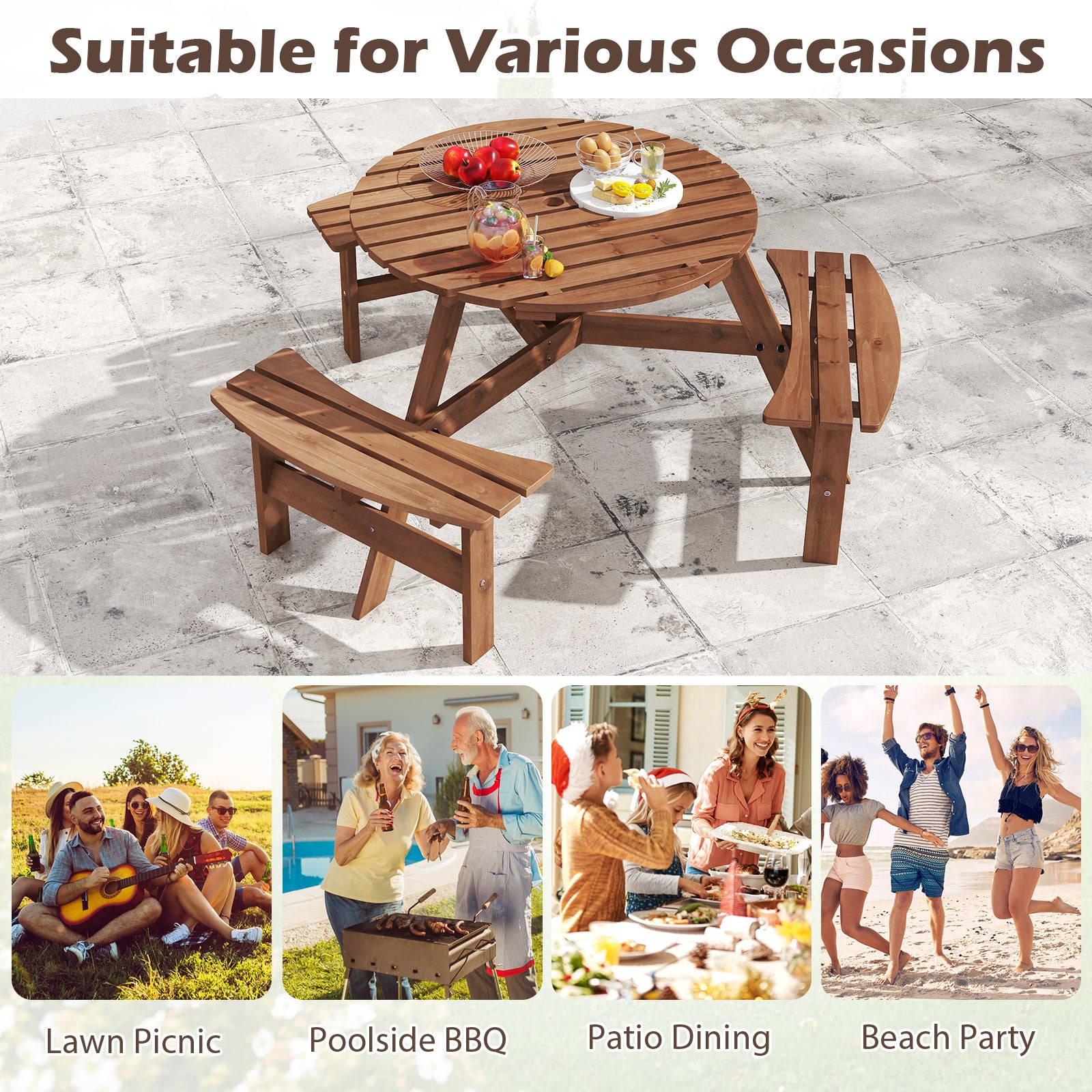 6-Person Round Picnic Table Set with 5 cm Umbrella Hole-Brown