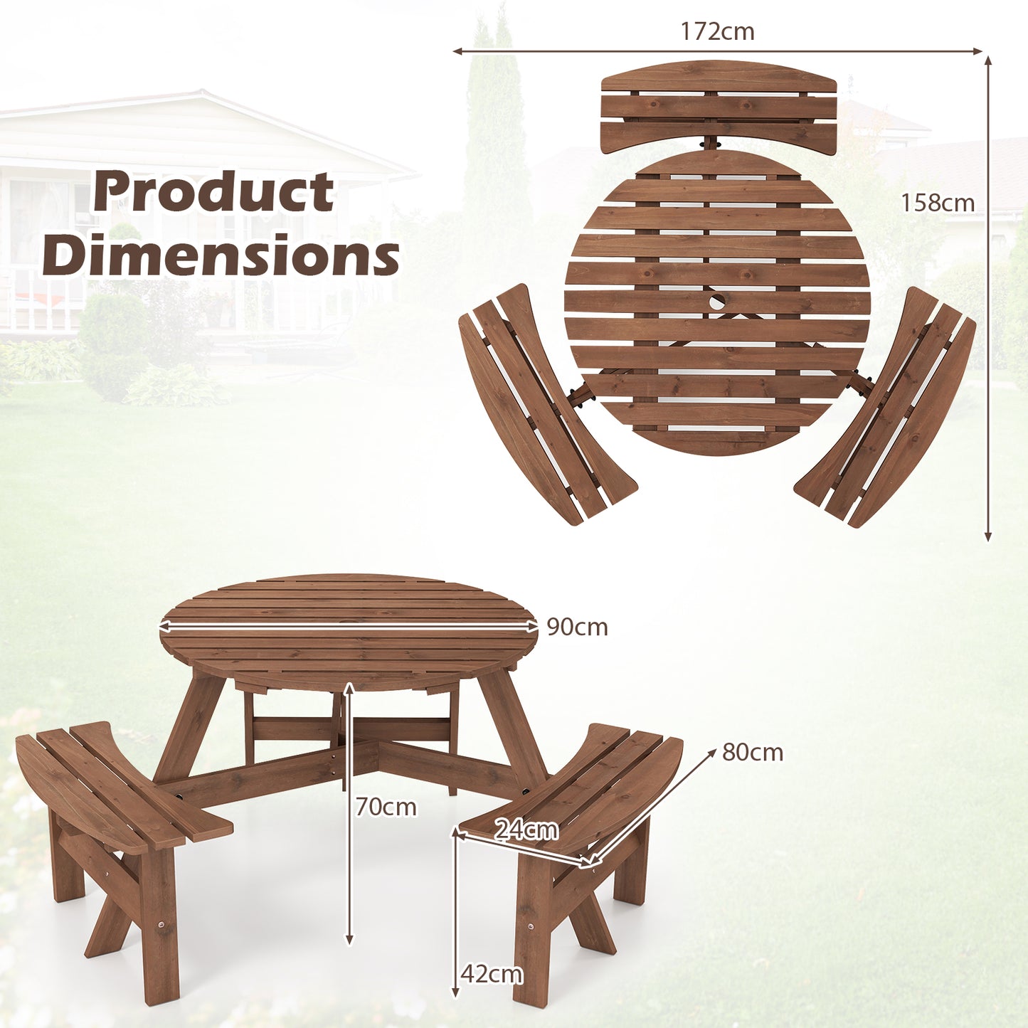 6-Person Round Picnic Table Set with 5 cm Umbrella Hole-Brown