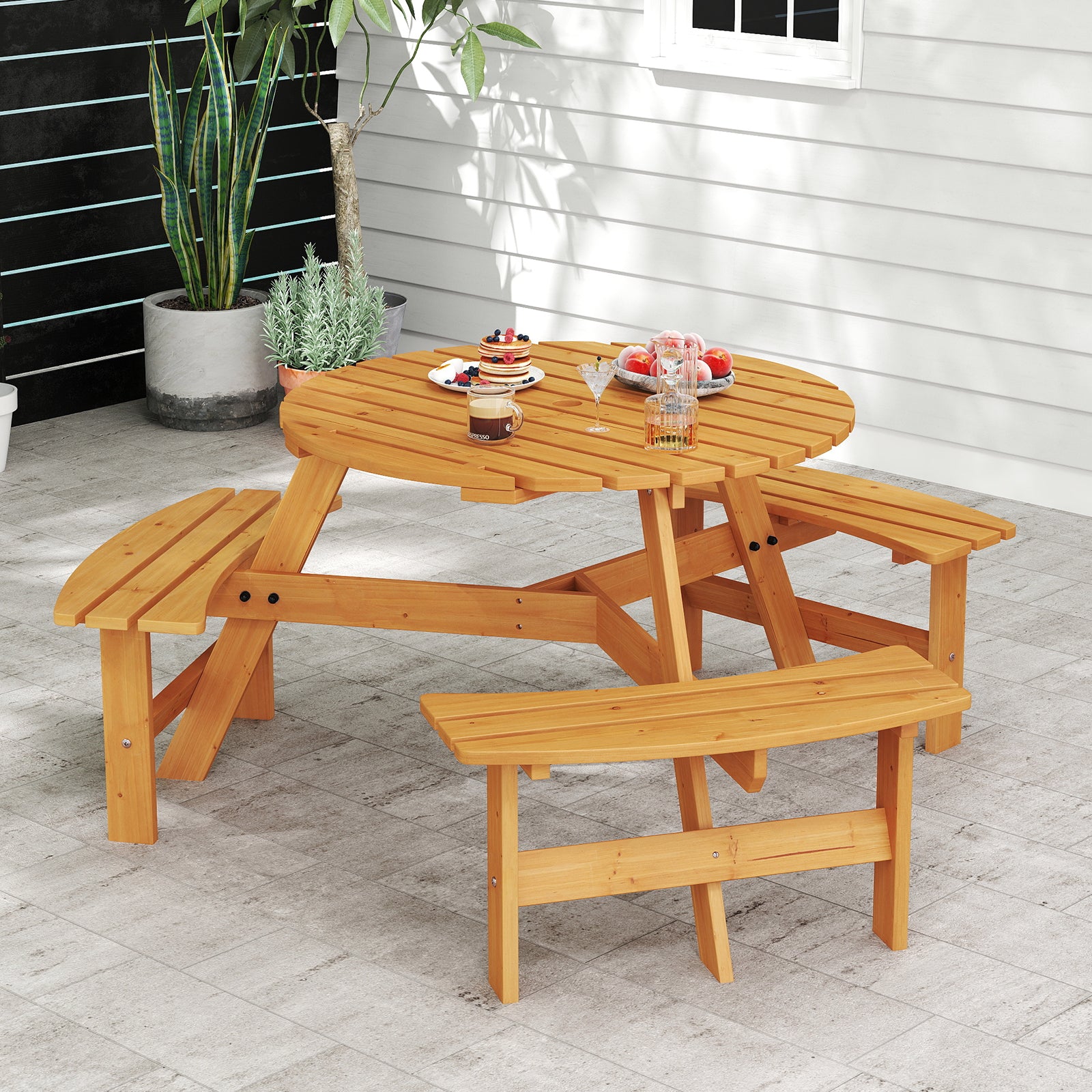 6-Person Round Picnic Table Set with 5 cm Umbrella Hole-Yellow