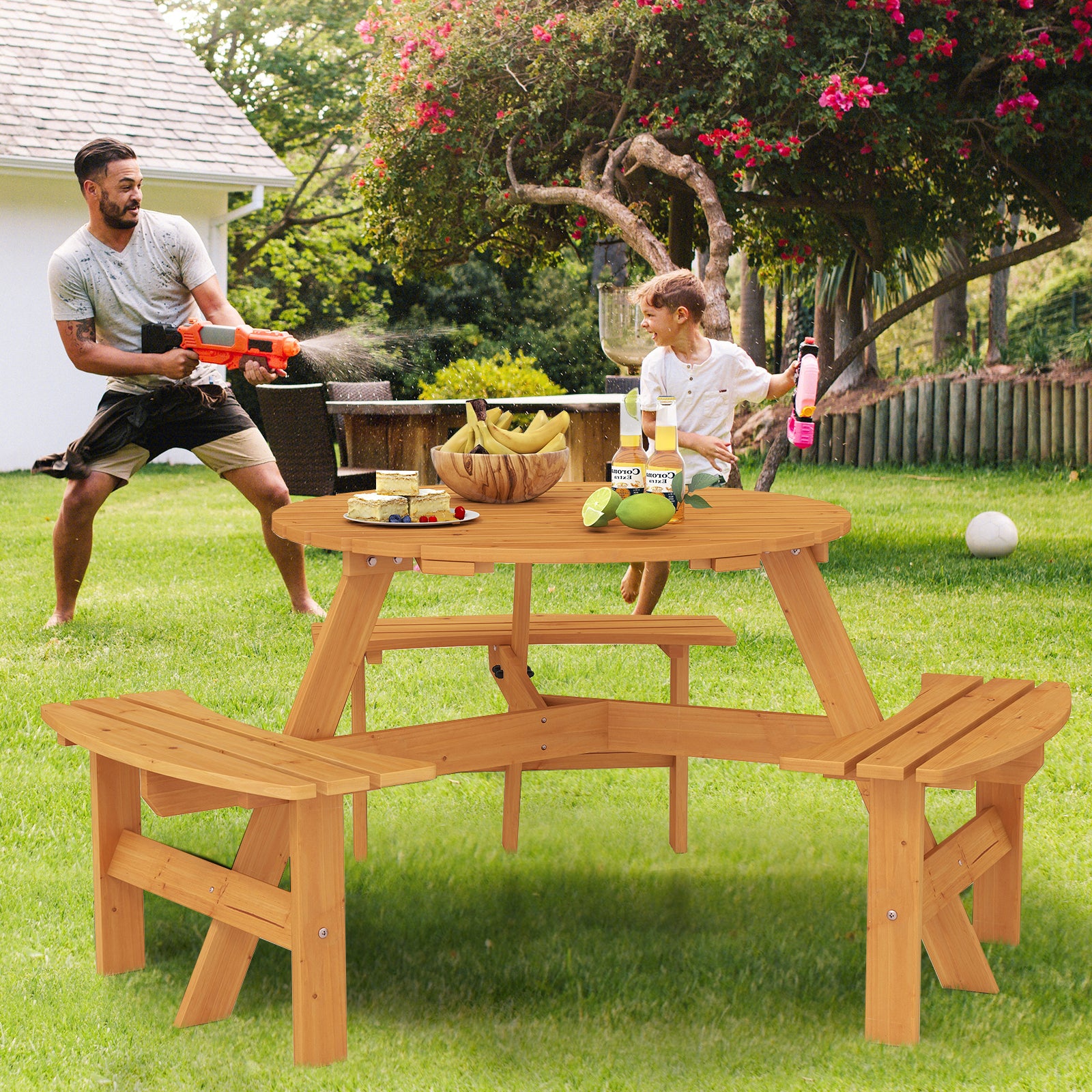 6-Person Round Picnic Table Set with 5 cm Umbrella Hole-Yellow