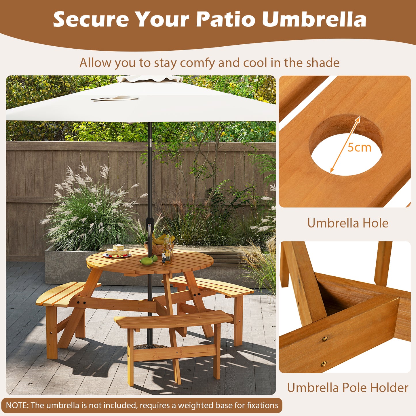 6-Person Round Picnic Table Set with 5 cm Umbrella Hole-Yellow