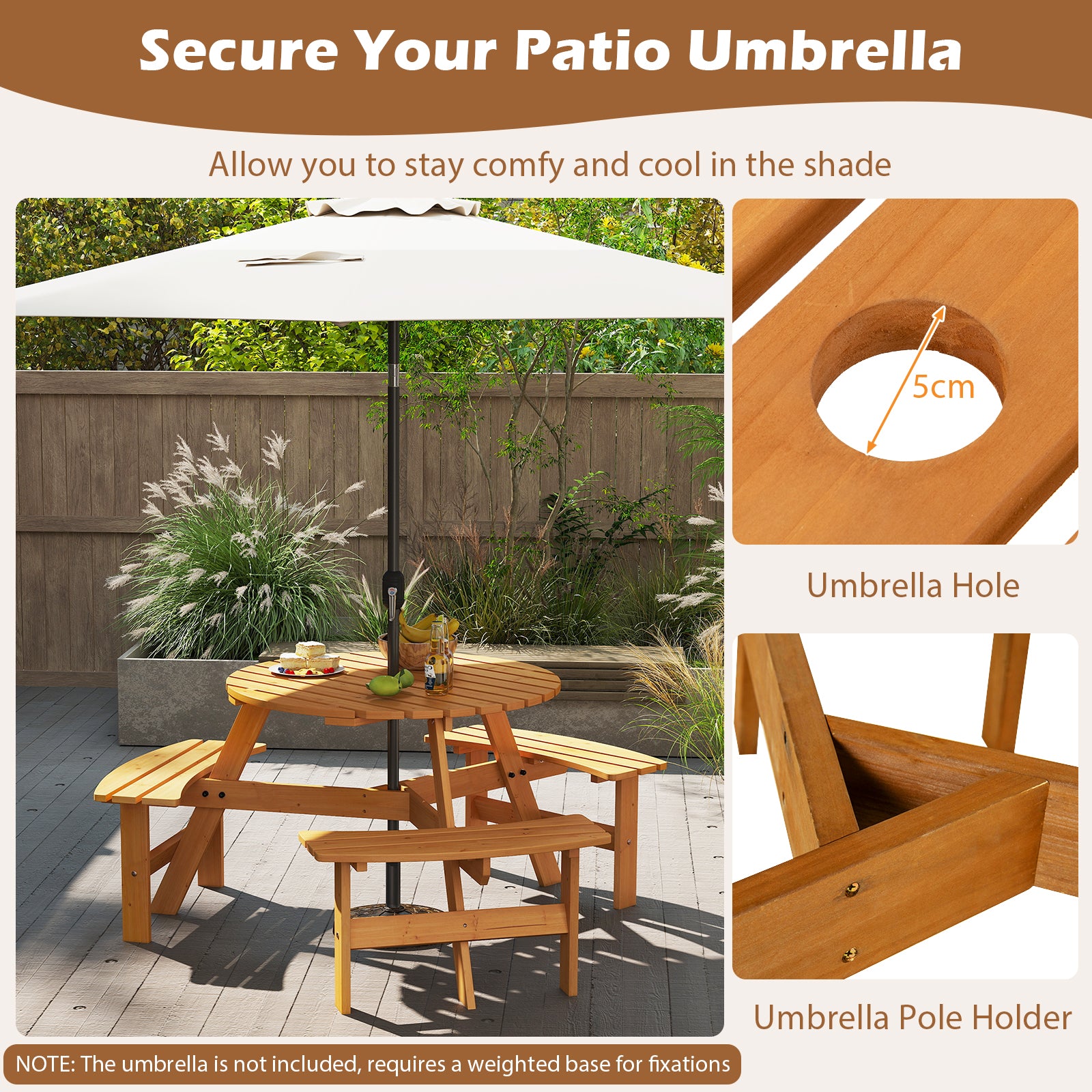 6-Person Round Picnic Table Set with 5 cm Umbrella Hole-Yellow