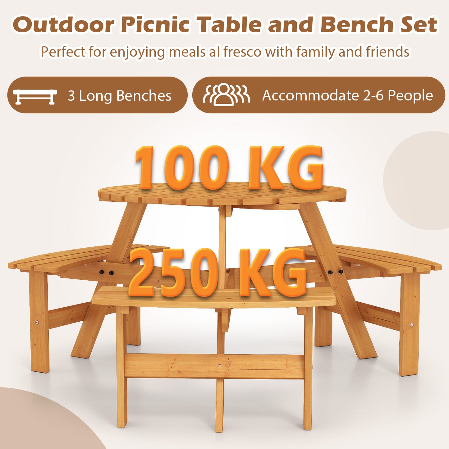 6-Person Round Picnic Table Set with 5 cm Umbrella Hole-Yellow