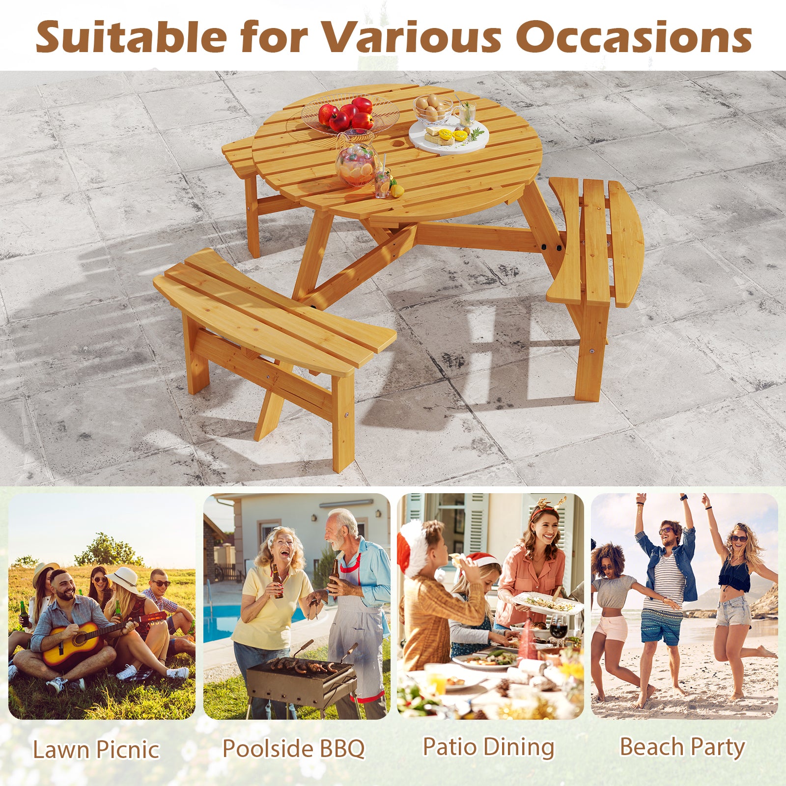 6-Person Round Picnic Table Set with 5 cm Umbrella Hole-Yellow