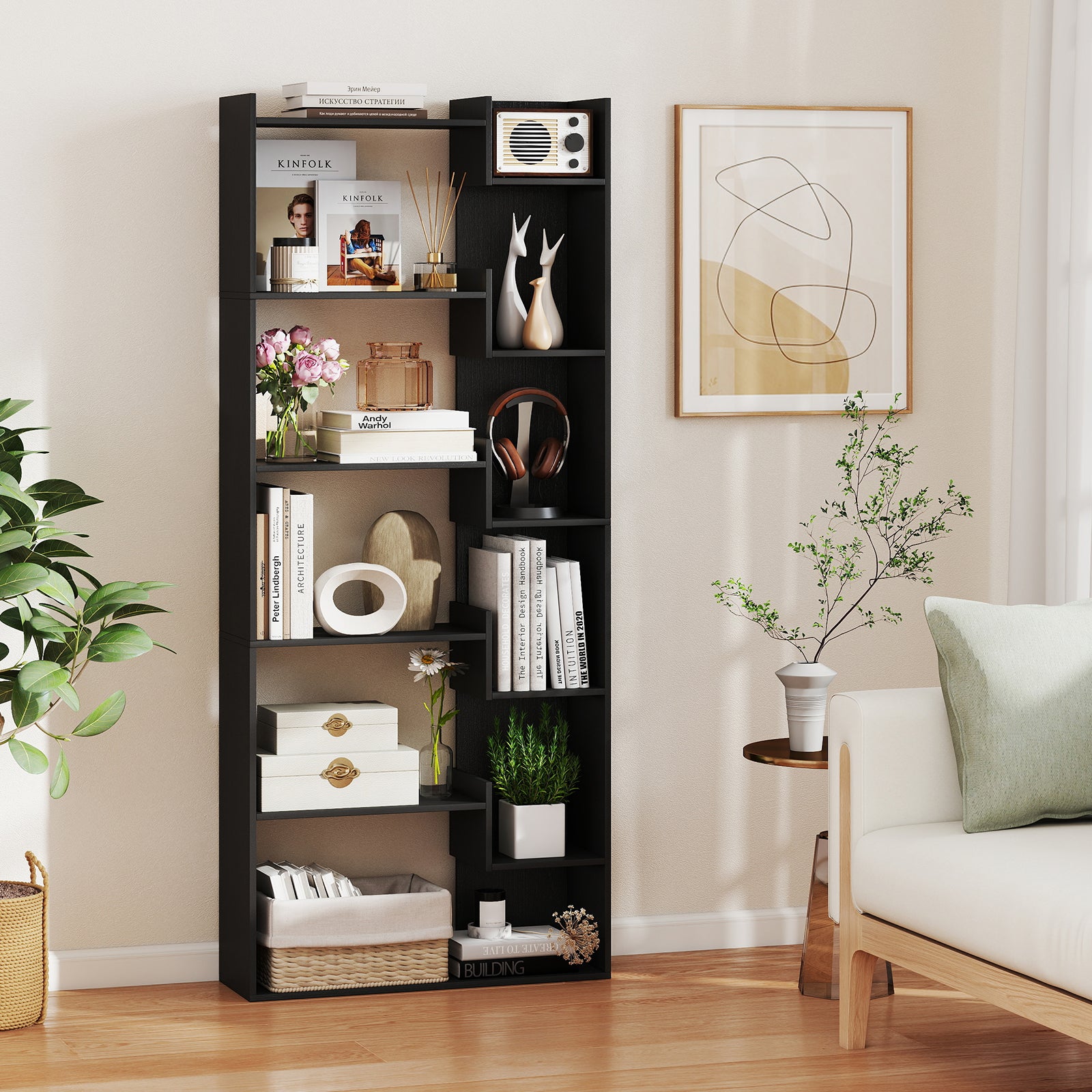 6-Tier Wooden Bookcase with 2 Anti-Tipping Kits Open Display Shelf Decorative Storage Shelving Unit-Black