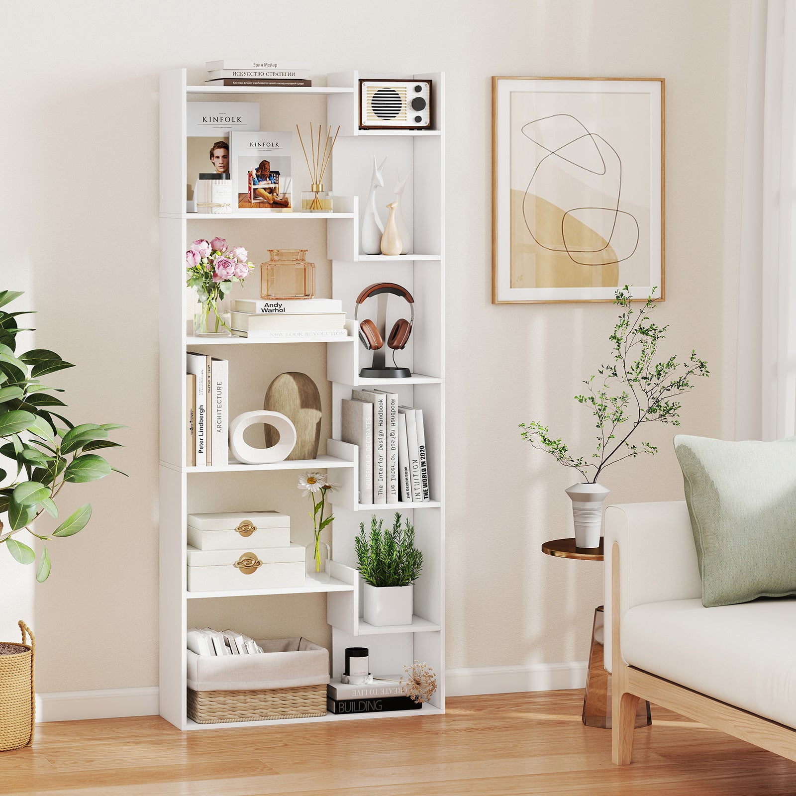 6-Tier Wooden Bookcase with 2 Anti-Tipping Kits Open Display Shelf Decorative Storage Shelving Unit-White