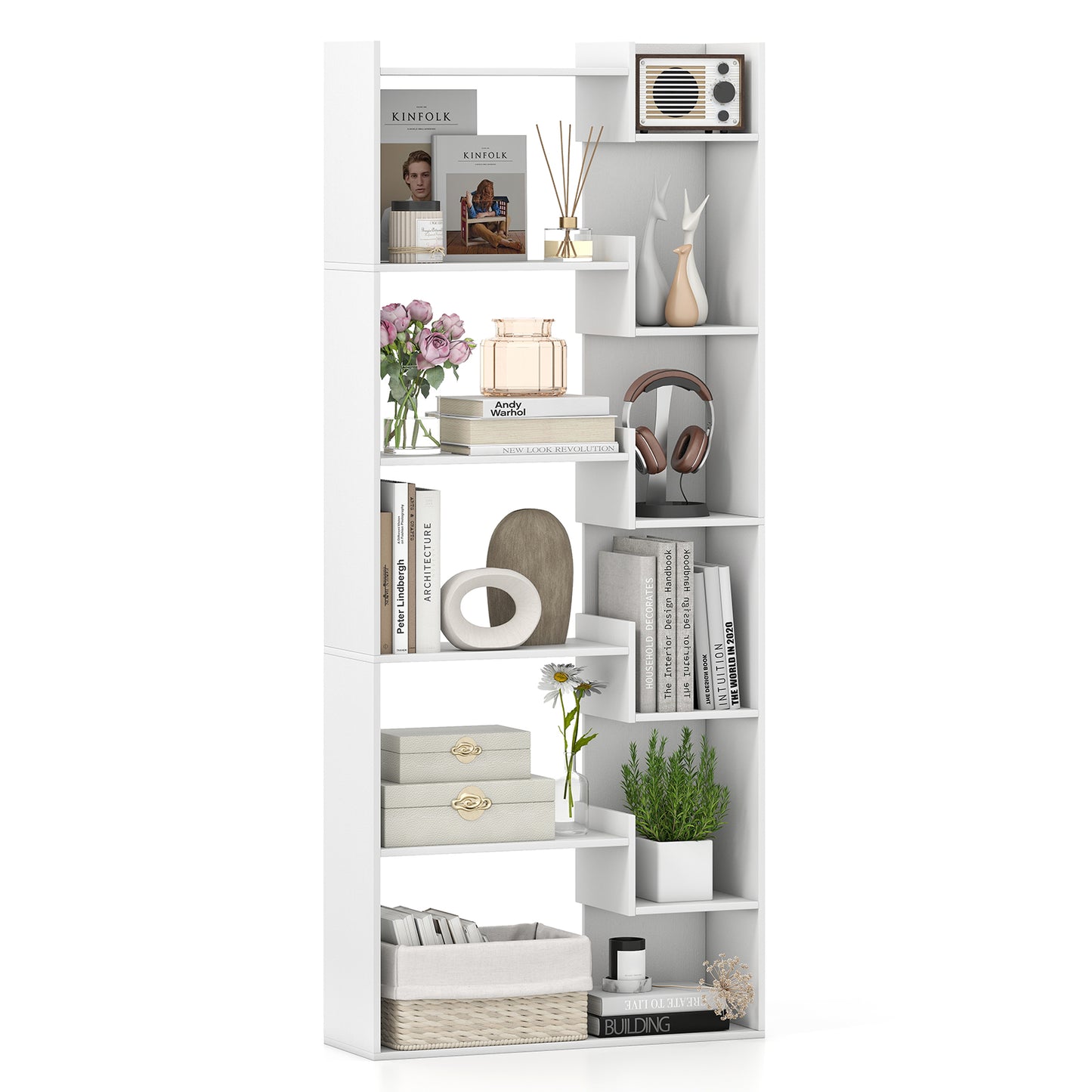6-Tier Wooden Bookcase with 2 Anti-Tipping Kits Open Display Shelf Decorative Storage Shelving Unit-White