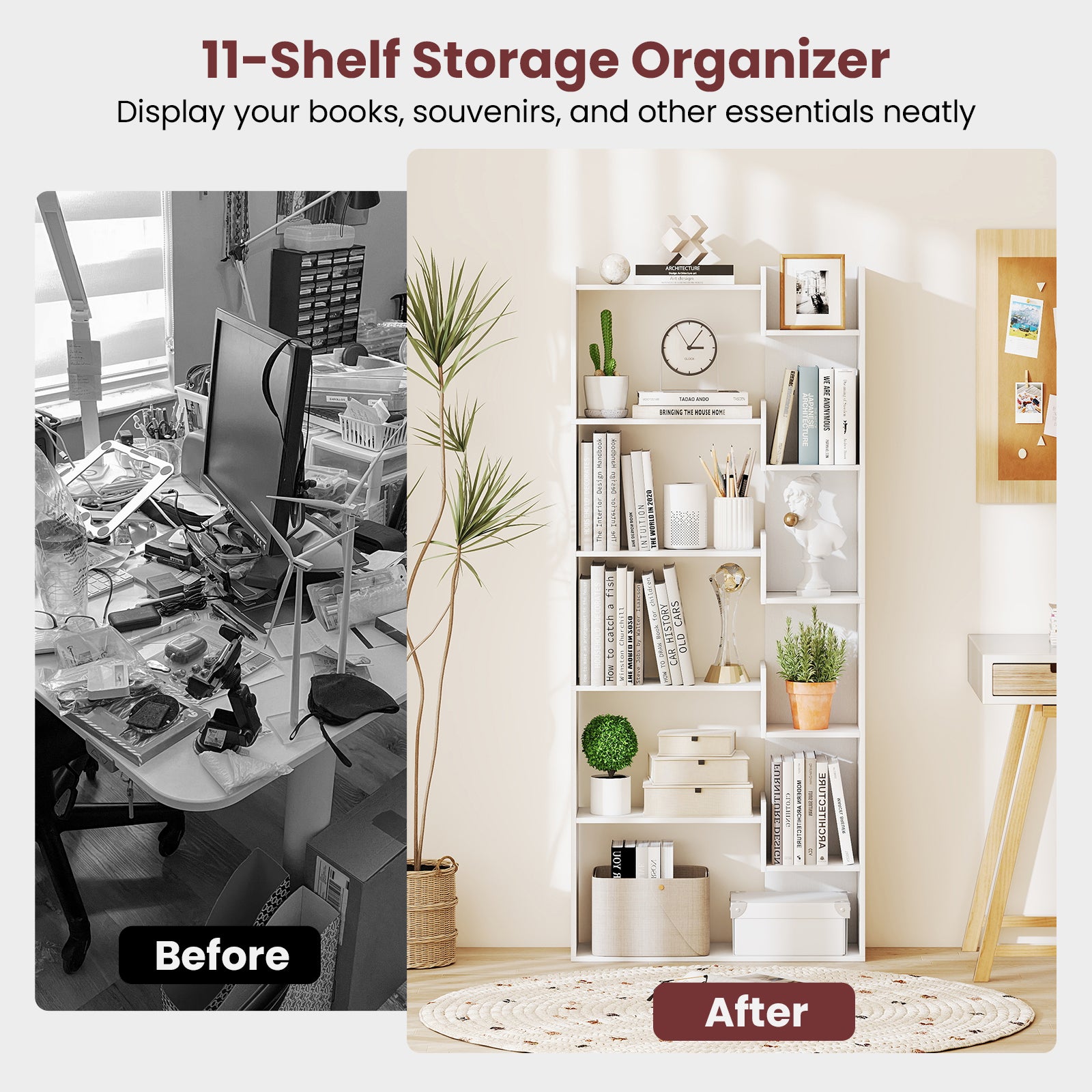 6-Tier Wooden Bookcase with 2 Anti-Tipping Kits Open Display Shelf Decorative Storage Shelving Unit-White