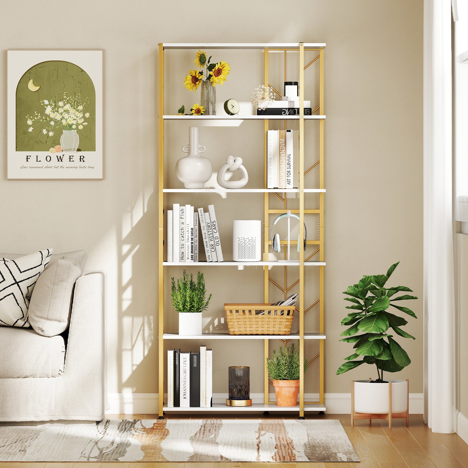 6-Tier Bookshelf with Heavy-duty Metal Frame and 2 Anti-tipping Kits-White