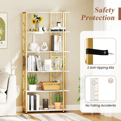 6-Tier Bookshelf with Heavy-duty Metal Frame and 2 Anti-tipping Kits-White