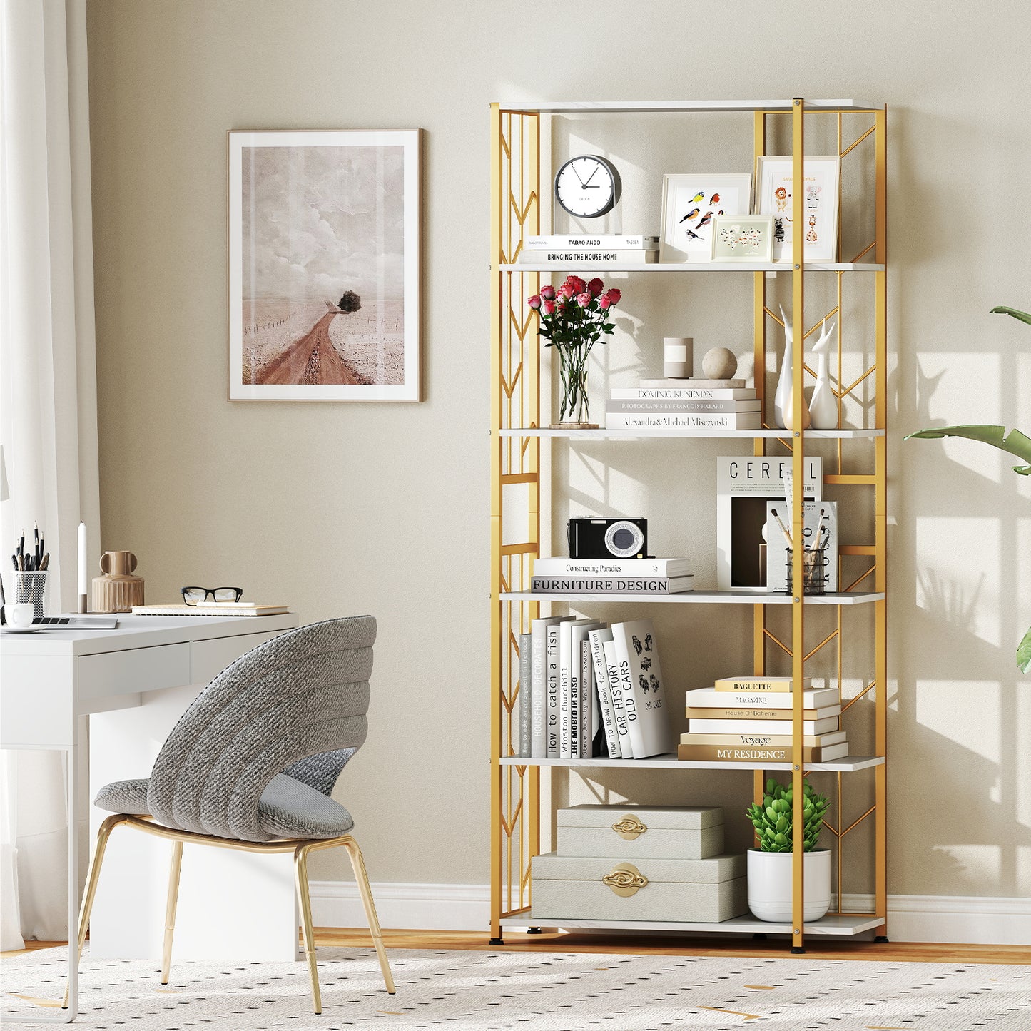 6-Tier Bookshelf with Heavy-duty Metal Frame and 2 Anti-tipping Kits-White